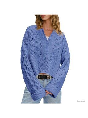Oversized Cable Knit Sweater Bell Sleeve Crew Neck Button Up Pullover